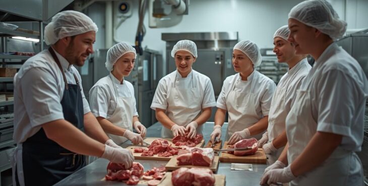 5 Mitarbeiter einer Metzgerei werden beim schneiden des Fleisches geschult.