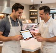 Zwei Verkäufer einer Metzgerei unterhalten sich über die Arbeitszeiten, während sie sich den Schichtplan anschauen.