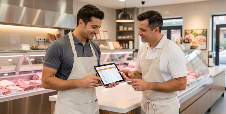Zwei Verkäufer einer Metzgerei unterhalten sich über die Arbeitszeiten, während sie sich den Schichtplan anschauen.