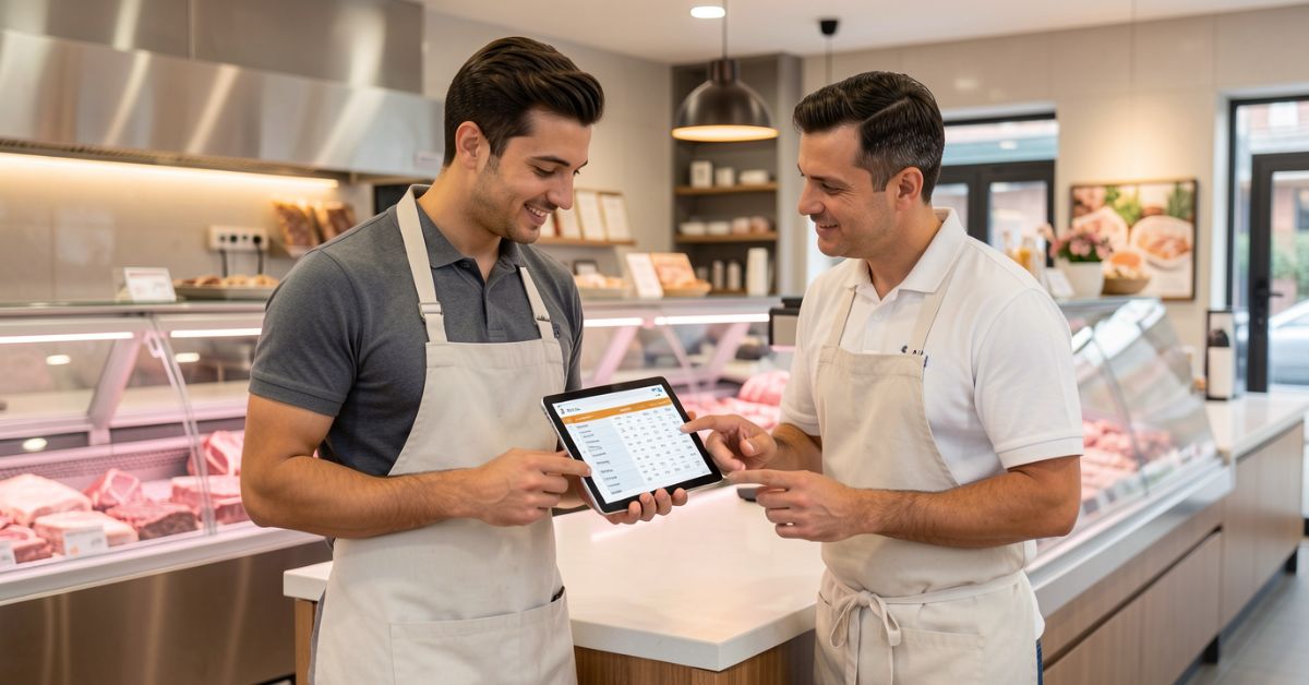 Zwei Verkäufer einer Metzgerei unterhalten sich über die Arbeitszeiten, während sie sich den Schichtplan anschauen.
