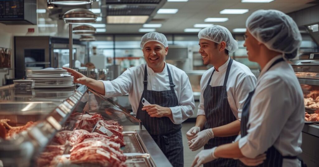 Mitarbeitende stehen hinter einer Fleischtheke und erklären sich etwas.
