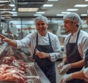 Mitarbeitende stehen hinter einer Fleischtheke und erklären sich etwas.
