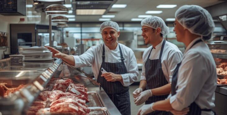 Mitarbeitende stehen hinter einer Fleischtheke und erklären sich etwas.