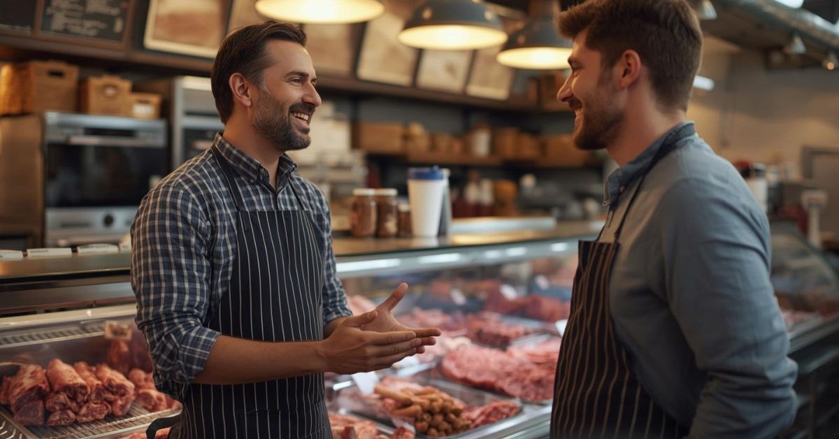 Zwei Mitarbeiter einer Metzgerei stehen vor einer Theke und kommunizieren