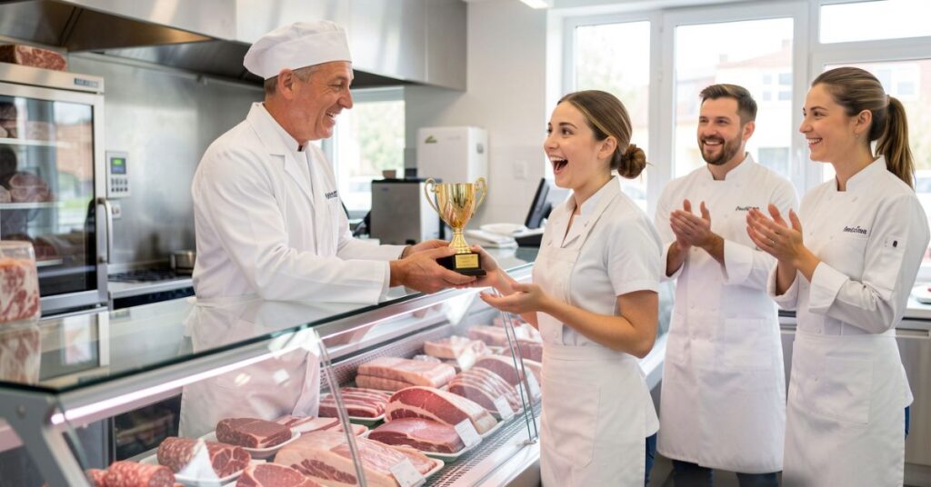 In einer Metzgerei Filiale überreicht der Filialleiter einer Verkäuferin einen preis als Anerkennung für die Leistung. Um die beiden herum stehen zwei Mitarbeiter die applaudieren.