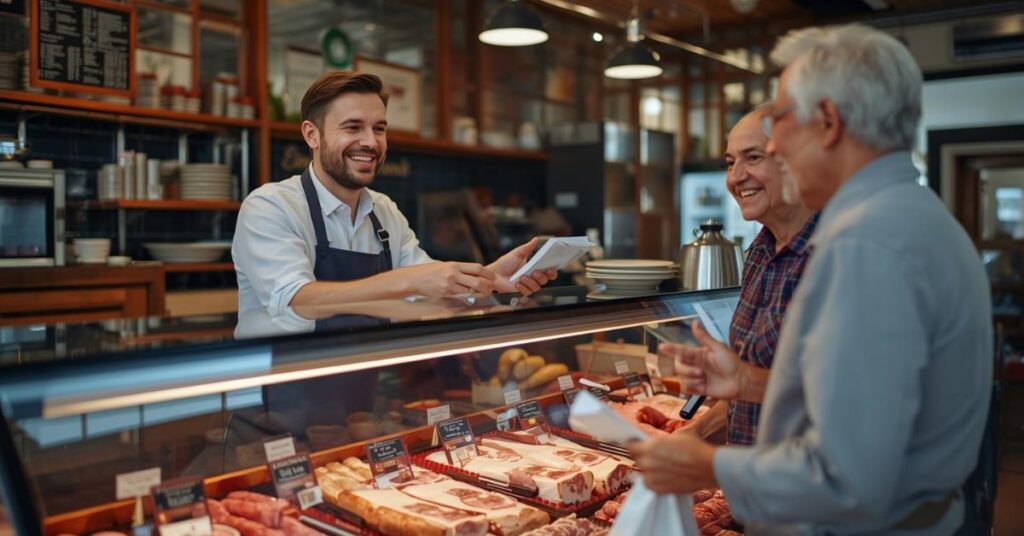 Ein Metzgerei-Fachverkäufer berät oder unterhält sich mit einigen Kunden und fördert somit die Kundenbindung