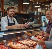 Ein Metzgerei-Fachverkäufer berät oder unterhält sich mit einigen Kunden und fördert somit die Kundenbindung