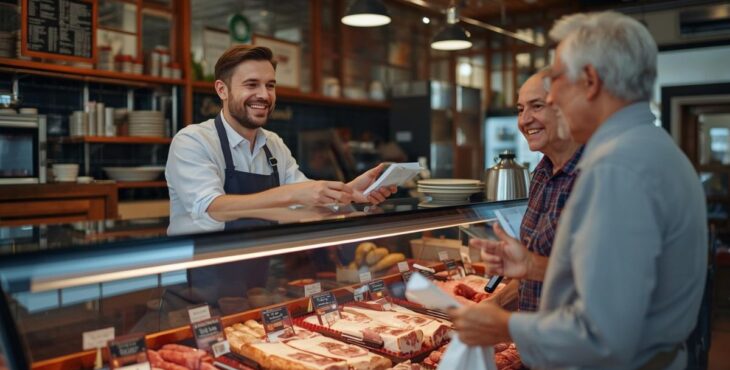 Ein Metzgerei-Fachverkäufer berät oder unterhält sich mit einigen Kunden und fördert somit die Kundenbindung