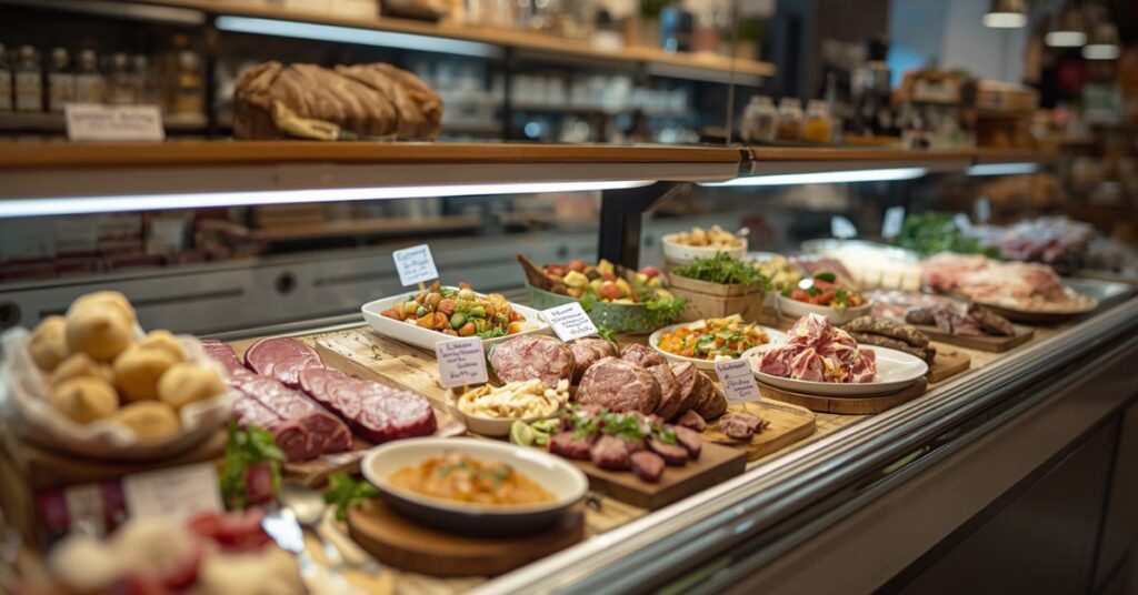 Eine moderne Metzgereitheke mit innovativen Trend-Produkten wie pfannenfertige Gerichte oder vegane Alternativen.