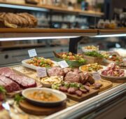 Eine moderne Metzgereitheke mit innovativen Trend-Produkten wie pfannenfertige Gerichte oder vegane Alternativen.