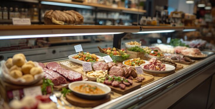 Eine moderne Metzgereitheke mit innovativen Trend-Produkten wie pfannenfertige Gerichte oder vegane Alternativen.