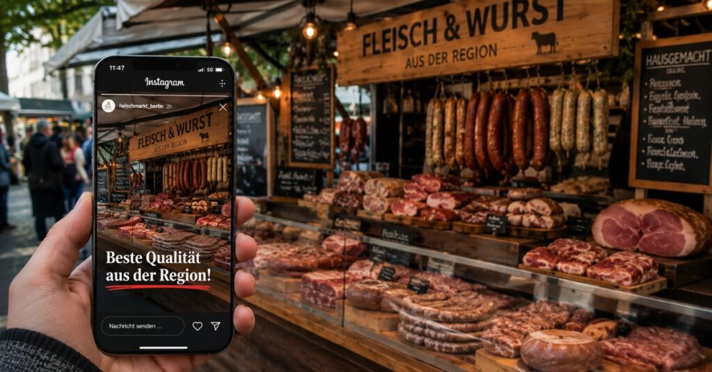 Eine Person hält ein Smartphone vor einen Metzgerei-Marktstand mit frischen Fleisch- und Wurstwaren. Auf dem Smartphone ist eine Instagram-Story des Standes mit dem Text „Beste Qualität aus der Region!“ zu sehen. Im Hintergrund herrscht eine lebendige Marktatmosphäre mit rustikalen Holzelementen und zahlreichen Fleischspezialitäten.