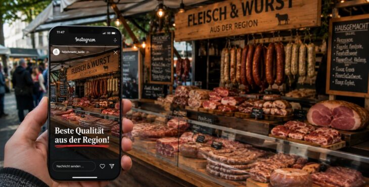 Eine Person hält ein Smartphone vor einen Metzgerei-Marktstand mit frischen Fleisch- und Wurstwaren. Auf dem Smartphone ist eine Instagram-Story des Standes mit dem Text „Beste Qualität aus der Region!“ zu sehen. Im Hintergrund herrscht eine lebendige Marktatmosphäre mit rustikalen Holzelementen und zahlreichen Fleischspezialitäten.