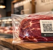 Verpacktes Stück Fleisch mit QR-Code und dem Hinweis „Bewerten Sie uns“ auf einer Theke in einer modernen Metzgerei.