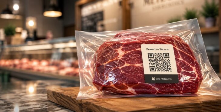 Verpacktes Stück Fleisch mit QR-Code und dem Hinweis „Bewerten Sie uns“ auf einer Theke in einer modernen Metzgerei.