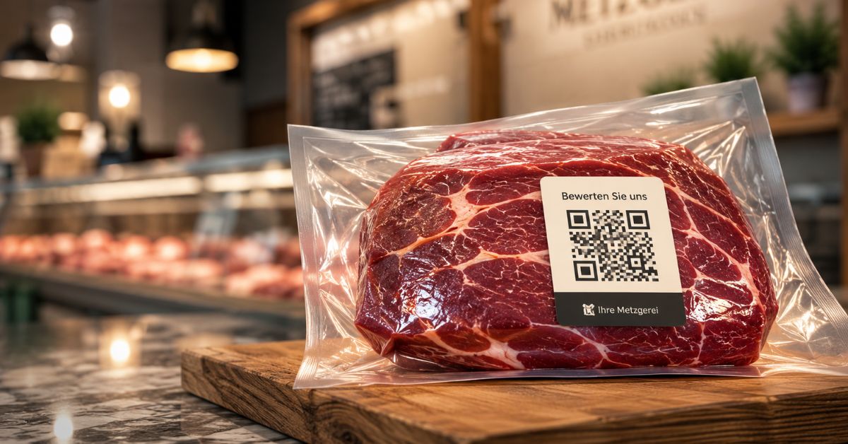 Verpacktes Stück Fleisch mit QR-Code und dem Hinweis „Bewerten Sie uns“ auf einer Theke in einer modernen Metzgerei.