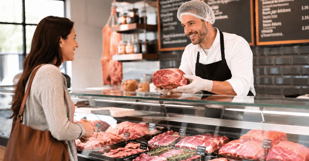 Ein Metzger mit Haarnetz und Handschuhen zeigt einer lächelnden Kundin ein Stück Fleisch über der Verkaufstheke. In der Auslage sind verschiedene Fleischwaren ordentlich präsentiert.
